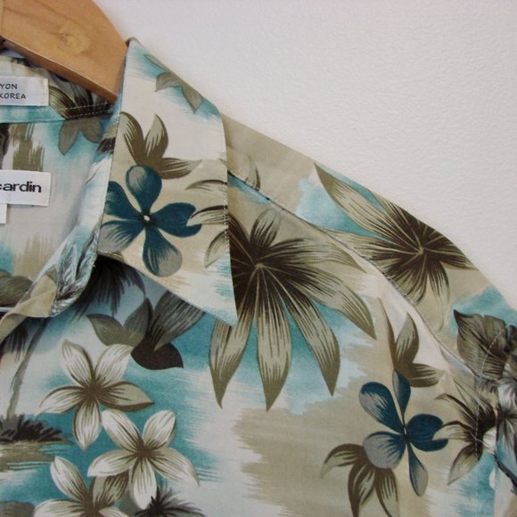 Floral Hawaiian Mens Shirt Short Sleeve Blues Greens Pierre Cardin Size Large - Picture 6 of 12